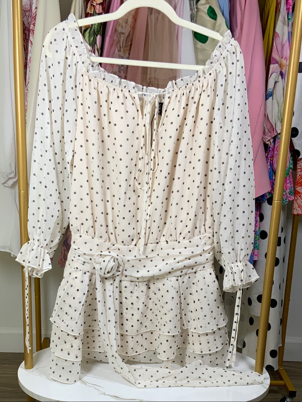 Girls' Cream Polka Dot Tiered Dress with Belt - Picture 2 of 16